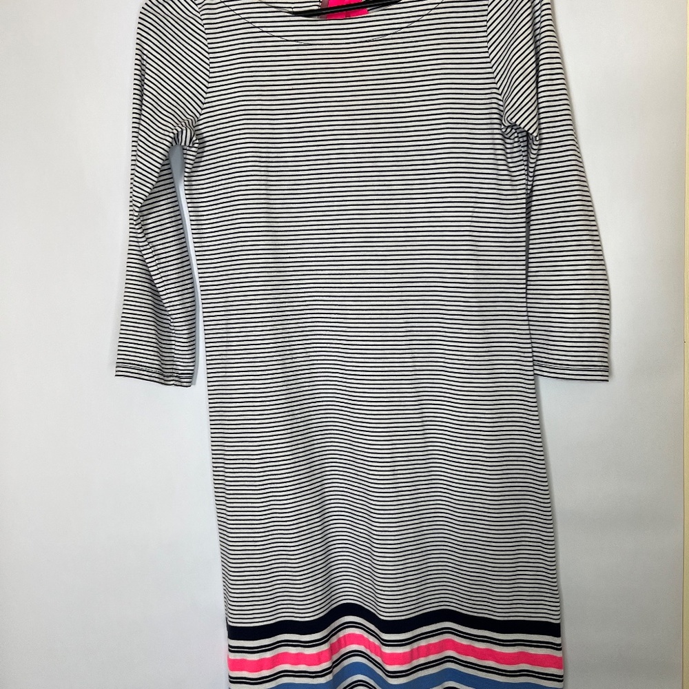 Lilly Pulitzer Noelle Navy Blue & White Stripe Dress with Hot Pink Details XXS